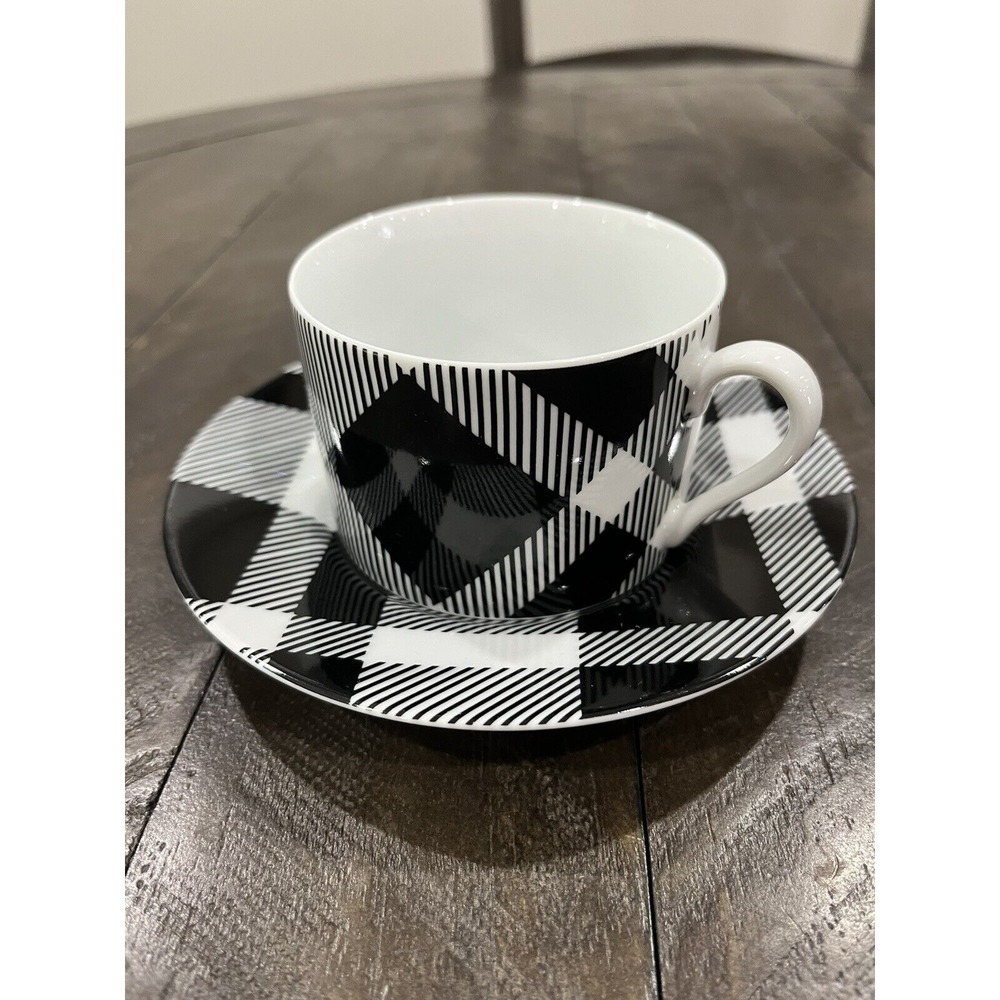 Fitz & Floyd Black‎ and White Plaid Buffalo Check Cup & Saucer Porcelain